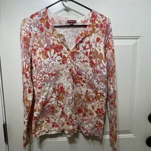 Merona Cardigan Women XL White Floral Button Long Sleeve Knit Soft Cotton